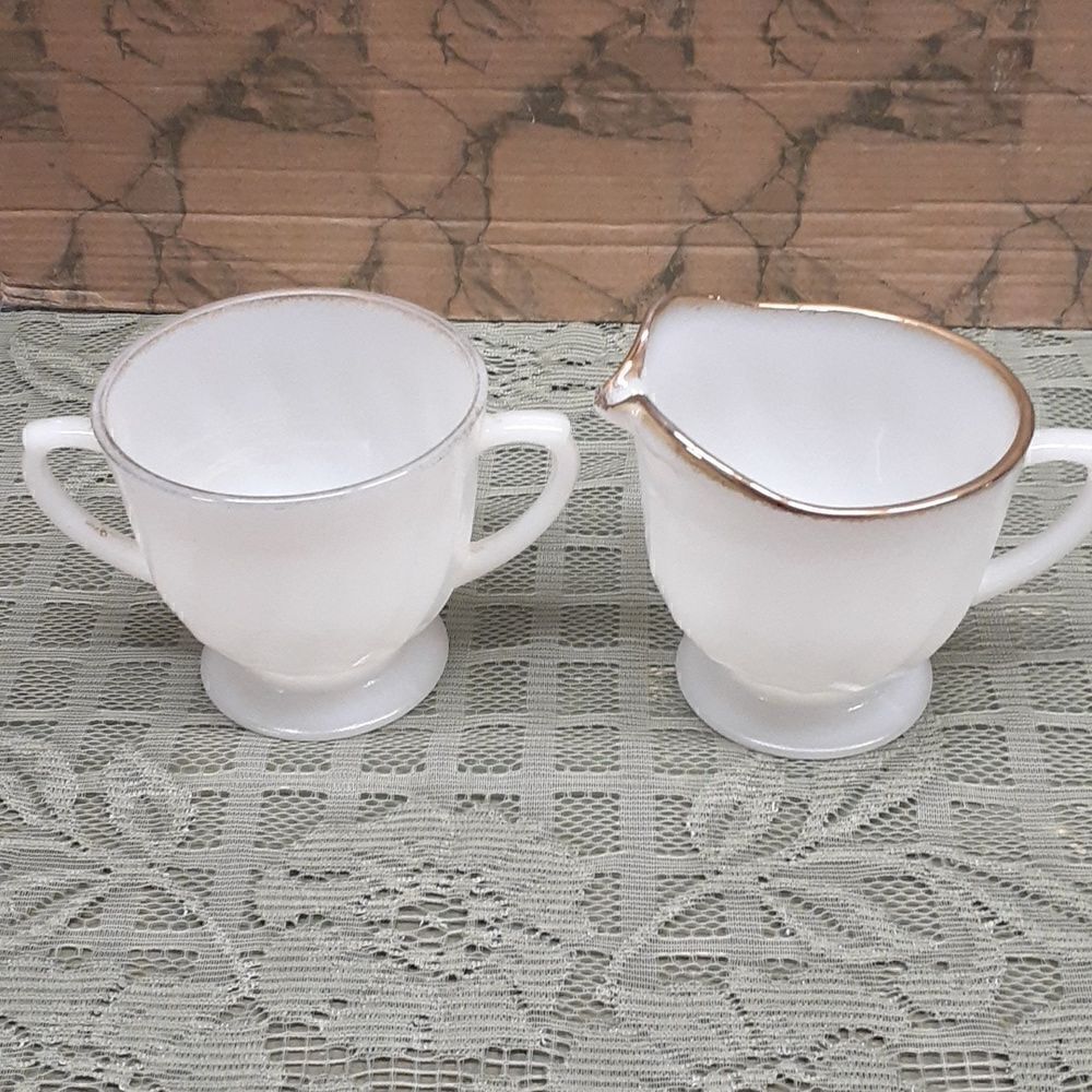 Anchor Hocking Vintage Fire King Suburbia Swirl‎  Cream & Sugar Bowl gold trim